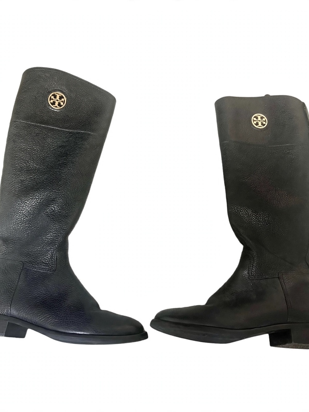Tory Burch Black Pebbled Leather Knee High Riding Boots Size 8.5 M Gold Logo